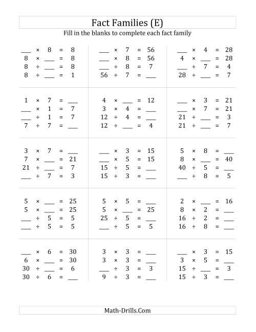 The Multiplication and Division Relationships with Products to 64 (E) Math Worksheet