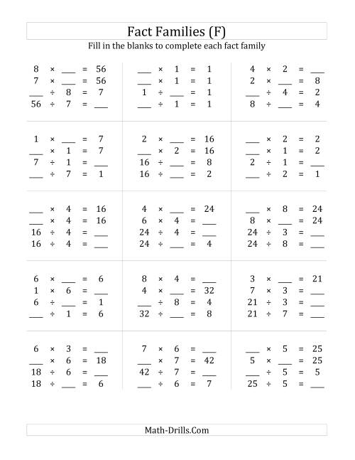 The Multiplication and Division Relationships with Products to 64 (F) Math Worksheet