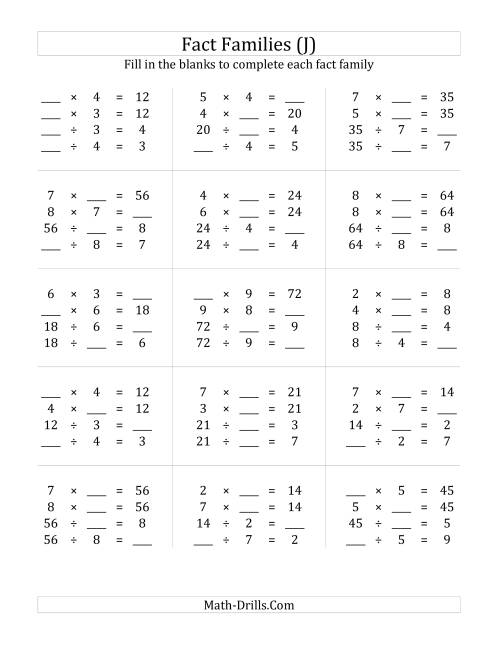 The Multiplication and Division Relationships with Products to 81 (J) Math Worksheet