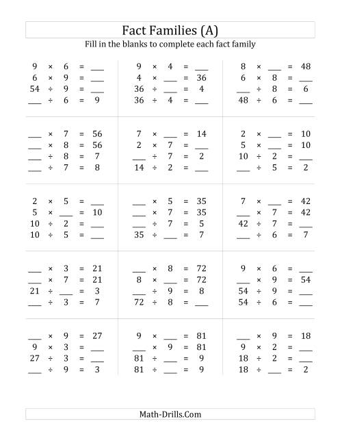 The Multiplication and Division Relationships with Products to 81 (All) Math Worksheet