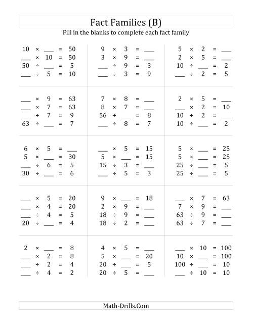 The Multiplication and Division Relationships with Products to 100 (B) Math Worksheet