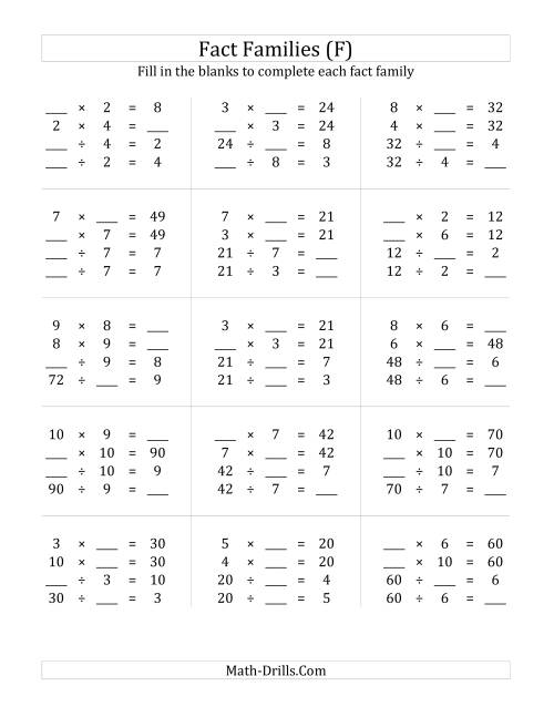 The Multiplication and Division Relationships with Products to 100 (F) Math Worksheet