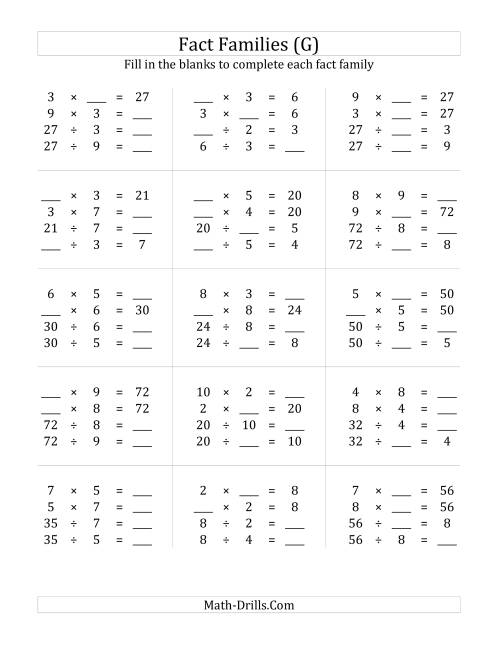The Multiplication and Division Relationships with Products to 100 (G) Math Worksheet