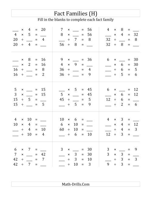 The Multiplication and Division Relationships with Products to 100 (H) Math Worksheet