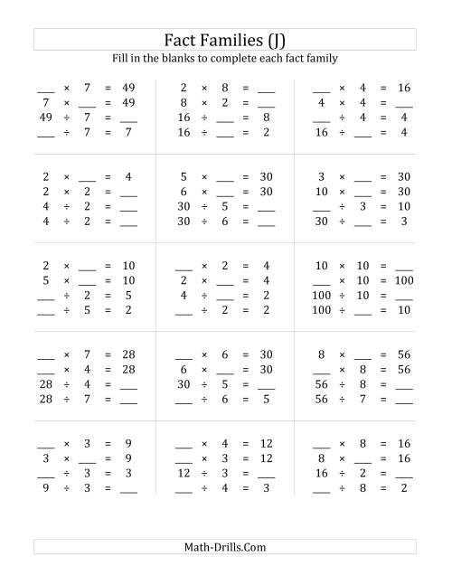 The Multiplication and Division Relationships with Products to 100 (J) Math Worksheet