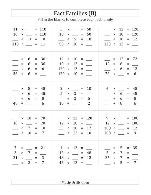 The Multiplication and Division Relationships with Products to 144 (B) Math Worksheet
