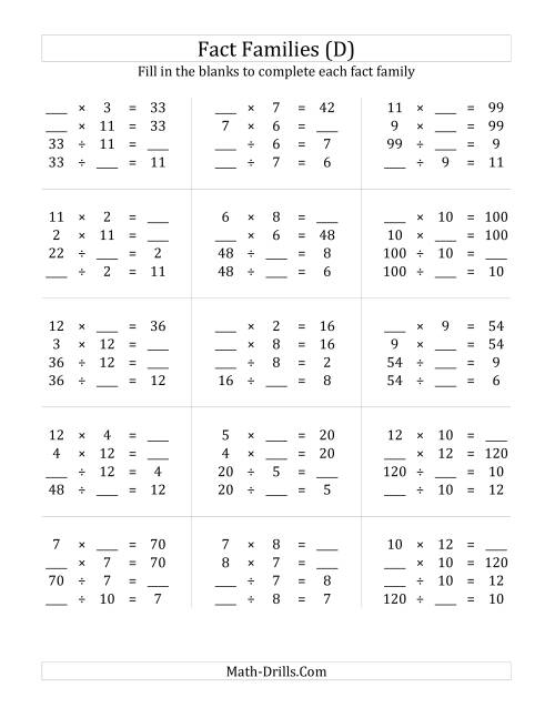 The Multiplication and Division Relationships with Products to 144 (D) Math Worksheet