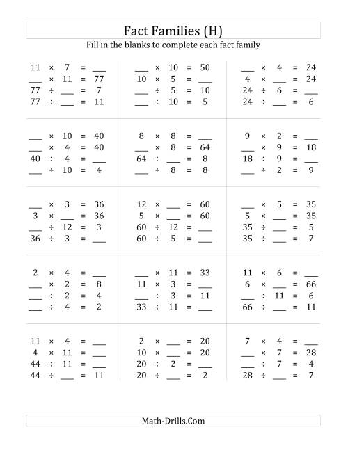The Multiplication and Division Relationships with Products to 144 (H) Math Worksheet