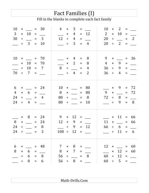 The Multiplication and Division Relationships with Products to 144 (I) Math Worksheet