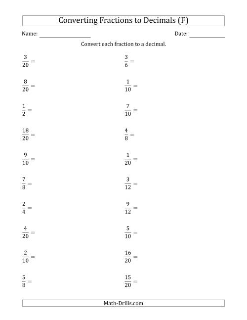 The Converting Fractions to Terminating Decimals (F) Math Worksheet
