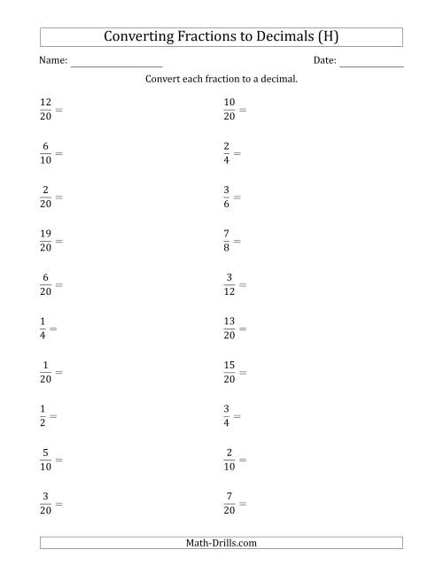 The Converting Fractions to Terminating Decimals (H) Math Worksheet