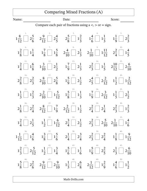 The Comparing Mixed Fractions to Twelfths (No Sevenths; No Elevenths) (A) Math Worksheet
