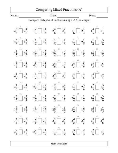 The Comparing Mixed Fractions to Sixths (A) Math Worksheet