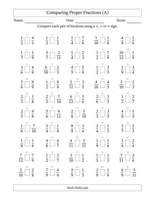 The Comparing Simple Fractions to 12ths (A) Math Worksheet