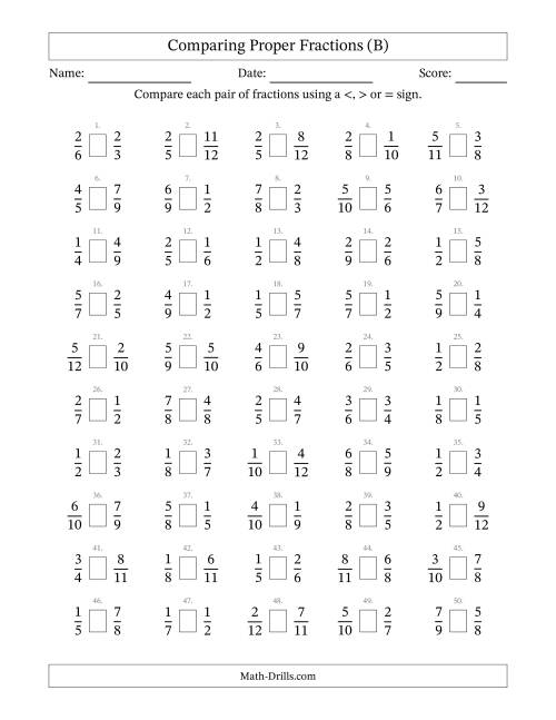 The Comparing Simple Fractions to 12ths (B) Math Worksheet