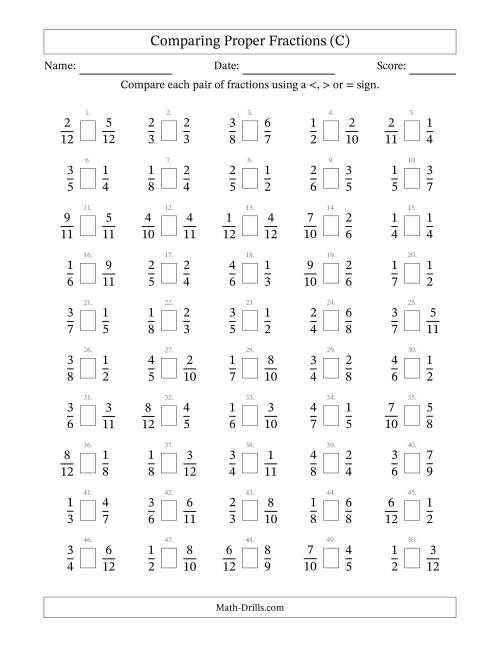 The Comparing Simple Fractions to 12ths (C) Math Worksheet