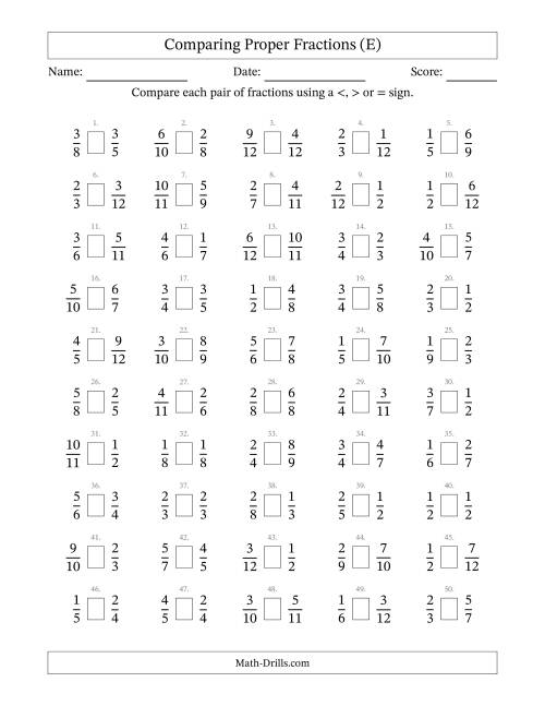 The Comparing Proper Fractions to Twelfths (E) Math Worksheet