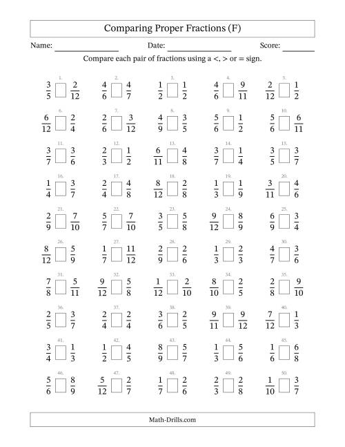 The Comparing Simple Fractions to 12ths (F) Math Worksheet
