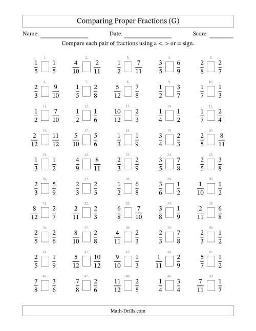 The Comparing Simple Fractions to 12ths (G) Math Worksheet