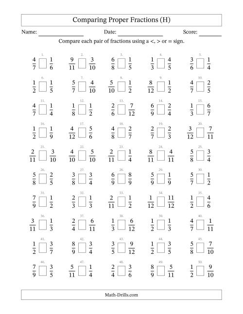 The Comparing Proper Fractions to Twelfths (H) Math Worksheet