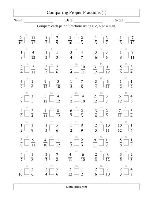 The Comparing Simple Fractions to 12ths (I) Math Worksheet