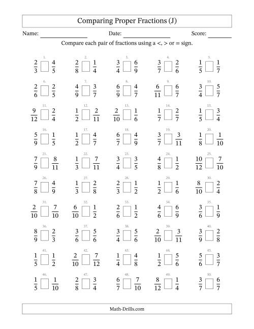 The Comparing Simple Fractions to 12ths (J) Math Worksheet