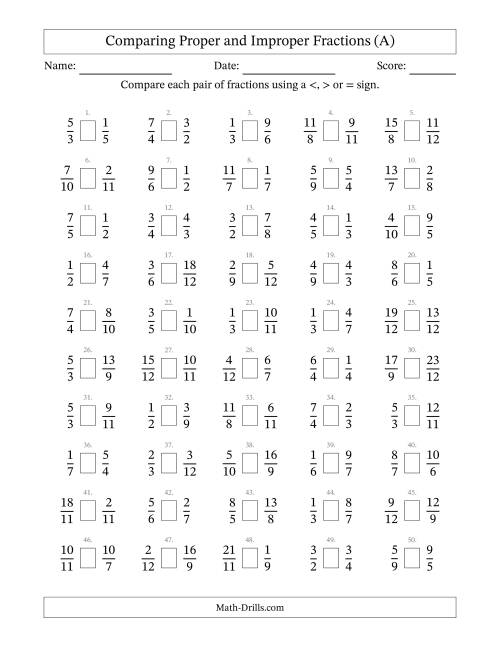 Comparing Improper Fractions to 12ths (A) Fractions Worksheet