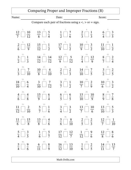 The Comparing Improper Fractions to 12ths (B) Math Worksheet