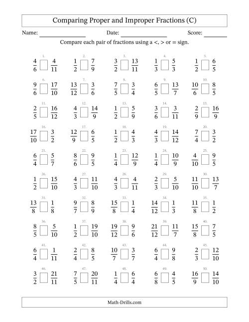 The Comparing Proper and Improper Fractions to Twelfths (C) Math Worksheet