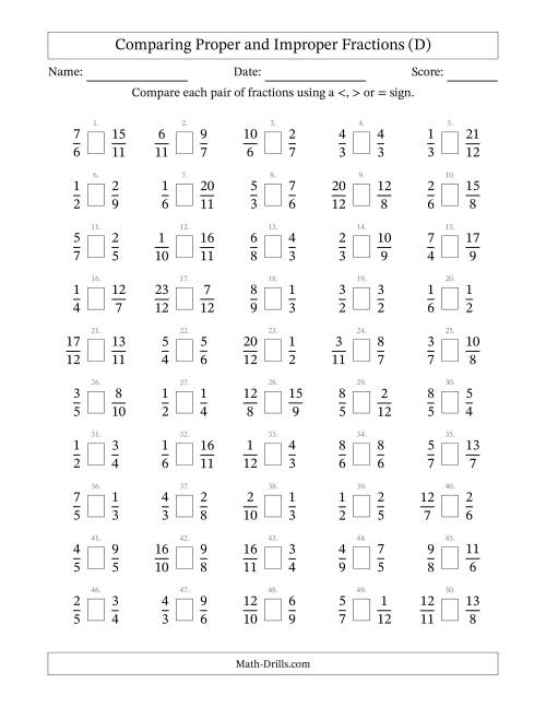 The Comparing Improper Fractions to 12ths (D) Math Worksheet