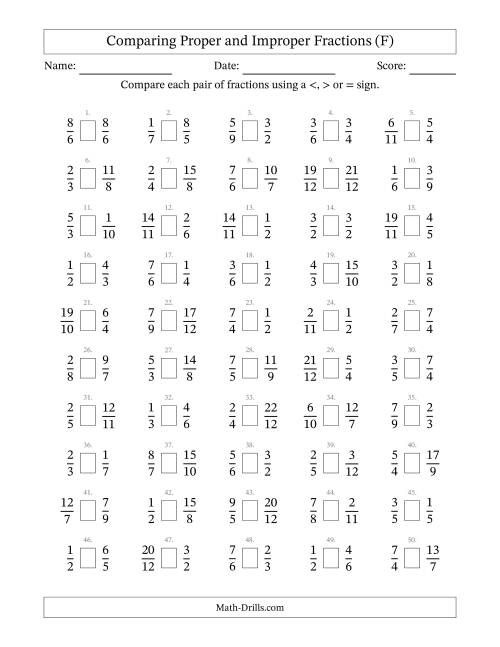 The Comparing Improper Fractions to 12ths (F) Math Worksheet