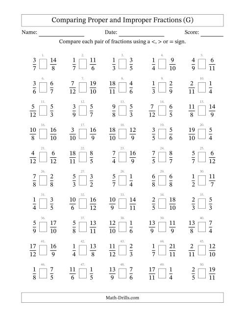 The Comparing Improper Fractions to 12ths (G) Math Worksheet