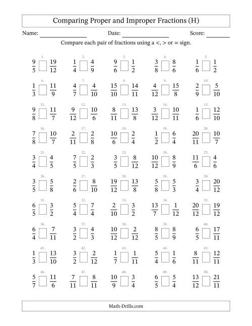 The Comparing Proper and Improper Fractions to Twelfths (H) Math Worksheet