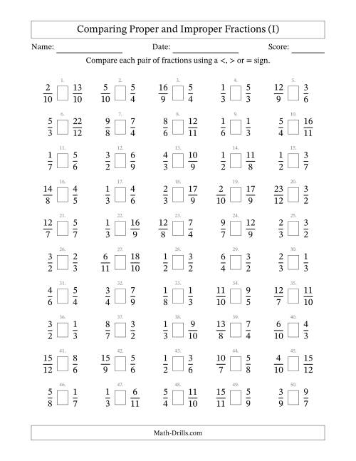 The Comparing Improper Fractions to 12ths (I) Math Worksheet