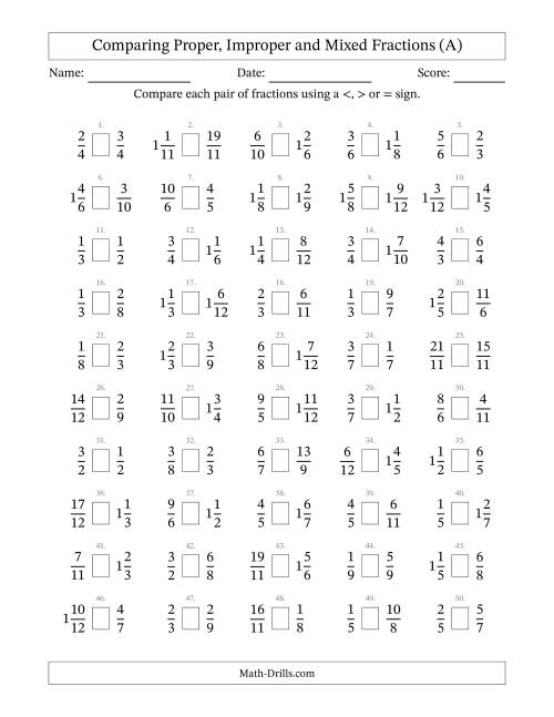 The Comparing Mixed Fractions to 12ths (A) Math Worksheet