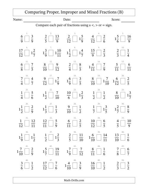 The Comparing Proper, Improper and Mixed Fractions to Twelfths (B) Math Worksheet