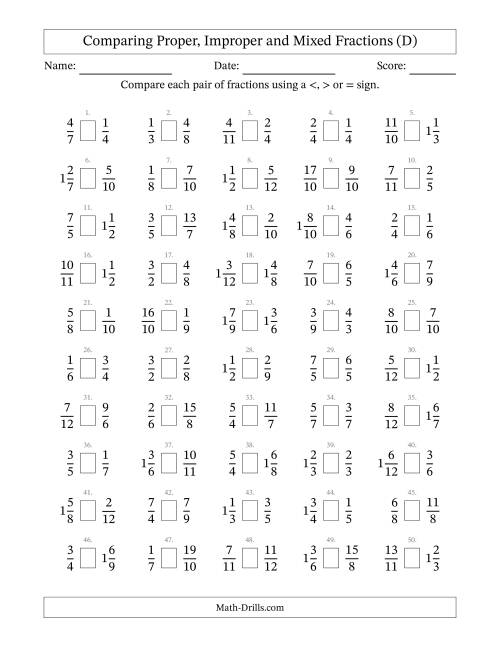 The Comparing Proper, Improper and Mixed Fractions to Twelfths (D) Math Worksheet