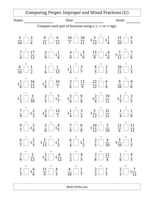 The Comparing Proper, Improper and Mixed Fractions to Twelfths (G) Math Worksheet