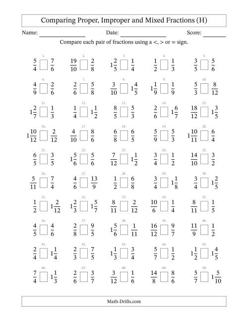 The Comparing Proper, Improper and Mixed Fractions to Twelfths (H) Math Worksheet