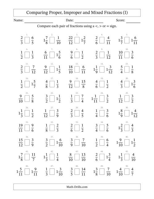 The Comparing Proper, Improper and Mixed Fractions to Twelfths (I) Math Worksheet