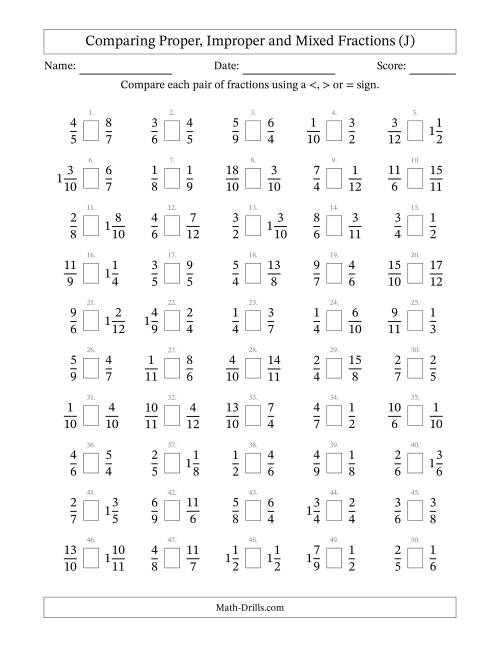 The Comparing Proper, Improper and Mixed Fractions to Twelfths (J) Math Worksheet
