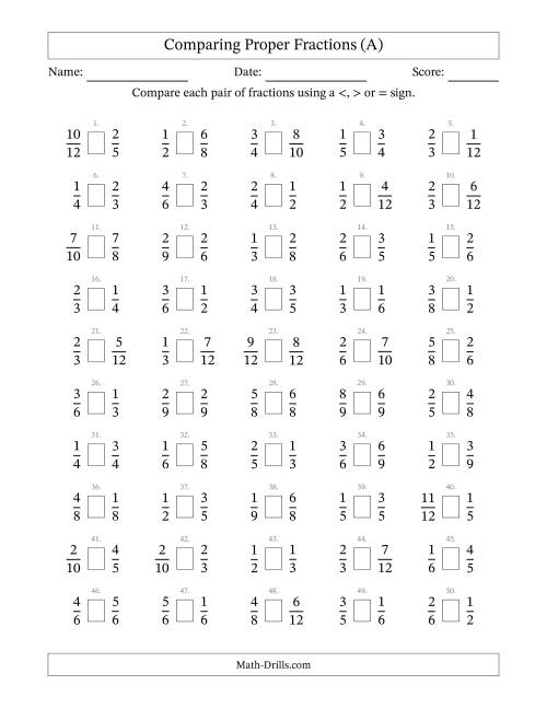 The Comparing Simple Fractions to 12ths -- No 7ths or 11ths (A) Math Worksheet