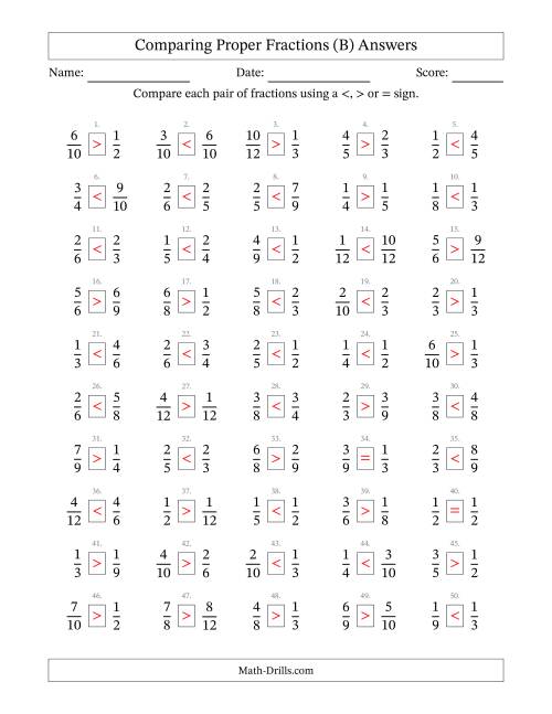 The Comparing Simple Fractions to 12ths -- No 7ths or 11ths (B) Math Worksheet Page 2