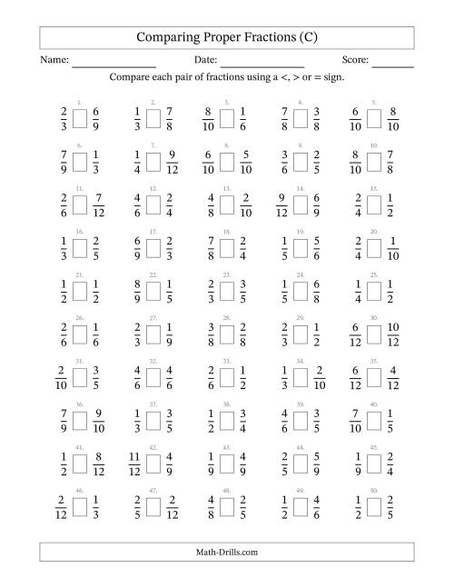 The Comparing Simple Fractions to 12ths -- No 7ths or 11ths (C) Math Worksheet