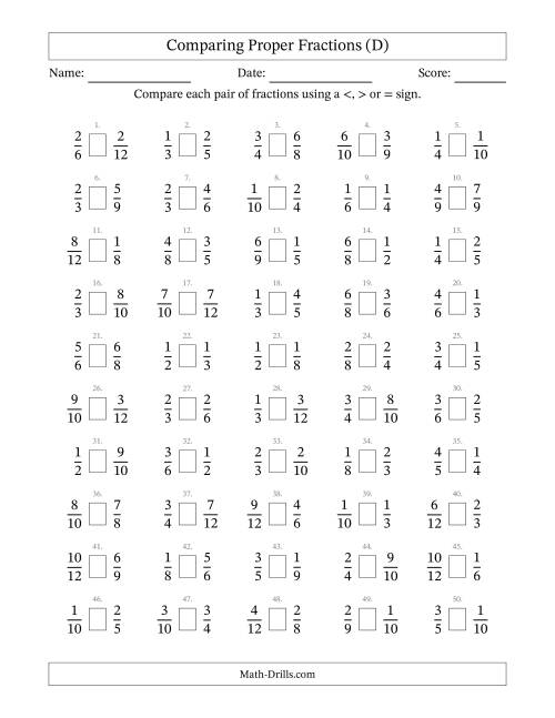 The Comparing Simple Fractions to 12ths -- No 7ths or 11ths (D) Math Worksheet