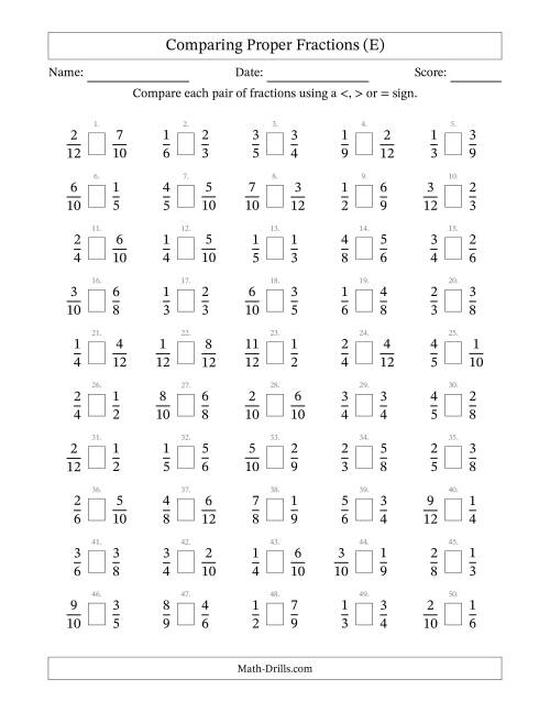The Comparing Simple Fractions to 12ths -- No 7ths or 11ths (E) Math Worksheet