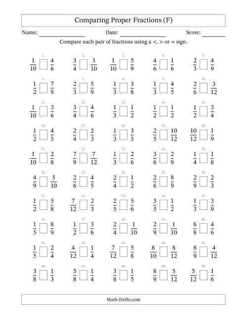 The Comparing Simple Fractions to 12ths -- No 7ths or 11ths (F) Math Worksheet