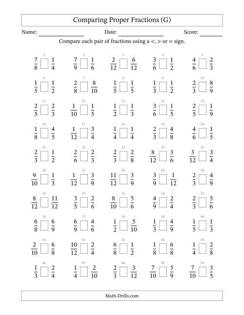 The Comparing Simple Fractions to 12ths -- No 7ths or 11ths (G) Math Worksheet
