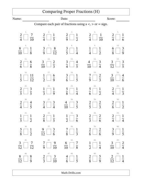 The Comparing Simple Fractions to 12ths -- No 7ths or 11ths (H) Math Worksheet