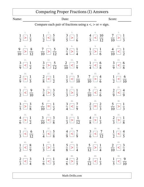 The Comparing Simple Fractions to 12ths -- No 7ths or 11ths (I) Math Worksheet Page 2